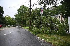 Severe Weather Causes Tree To Damage Home And A Fence With Power Lines Destroyed In Hillsdale New Jersey