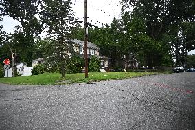 Severe Weather Causes Tree To Damage Home And A Fence With Power Lines Destroyed In Hillsdale New Jersey