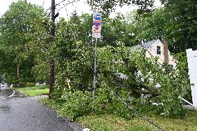 Severe Weather Causes Tree To Damage Home And A Fence With Power Lines Destroyed In Hillsdale New Jersey