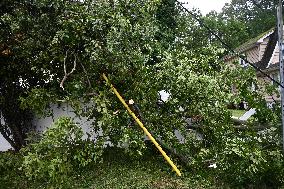 Severe Weather Causes Tree To Damage Home And A Fence With Power Lines Destroyed In Hillsdale New Jersey