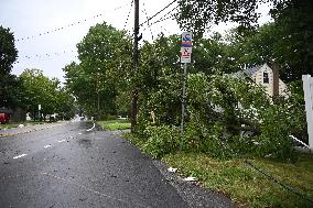 Severe Weather Causes Tree To Damage Home And A Fence With Power Lines Destroyed In Hillsdale New Jersey