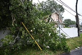 Severe Weather Causes Tree To Damage Home And A Fence With Power Lines Destroyed In Hillsdale New Jersey