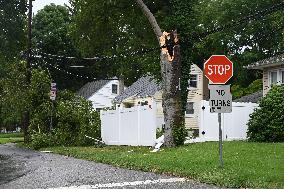 Severe Weather Causes Tree To Damage Home And A Fence With Power Lines Destroyed In Hillsdale New Jersey