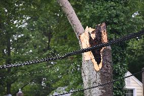 Severe Weather Causes Tree To Damage Home And A Fence With Power Lines Destroyed In Hillsdale New Jersey