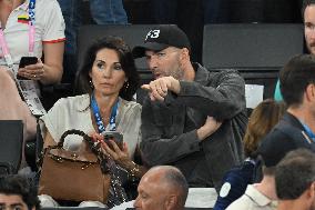 Paris 2024 - Zinedine Zidane And Wife At Basketball Final France v USA