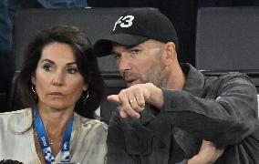 Paris 2024 - Zinedine Zidane And Wife At Basketball Final France v USA