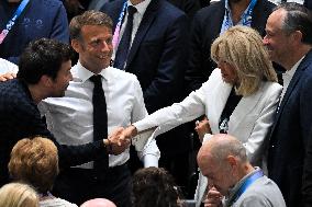 Paris 2024 - Emmanuel And Brigitte Macron At France v USA Basketball Final