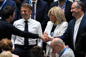 Paris 2024 - Emmanuel And Brigitte Macron At France v USA Basketball Final