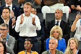 Paris 2024 - Emmanuel Macron And Brigitte At Women's Basketball Final