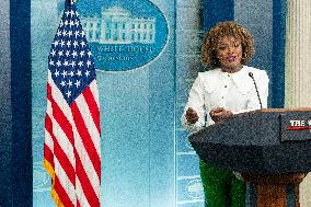 White House Press Sec. Karine Jean-Pierre speaks during the Daily Press Briefing