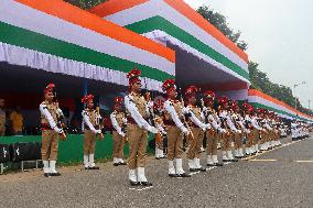 Dress Rehearsal Of Parade Ahead Of 78th Independence Day Celebration In India.