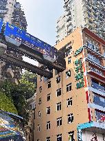 Through-building monorail in China