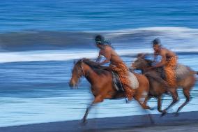 Horse Riders Perform At The Komune Beach In Bali