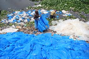 Workers collects polythene in Dhaka