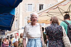 Queen Margrethe II of Denmark annual visit at Cahors market - South of France