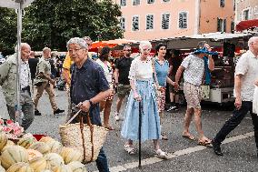 Queen Margrethe II of Denmark annual visit at Cahors market - South of France