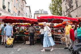 Queen Margrethe II of Denmark annual visit at Cahors market - South of France