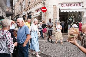 Queen Margrethe II of Denmark annual visit at Cahors market - South of France