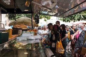 Queen Margrethe II of Denmark annual visit at Cahors market - South of France