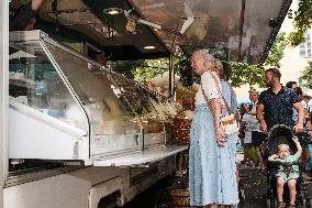 Queen Margrethe II of Denmark annual visit at Cahors market - South of France