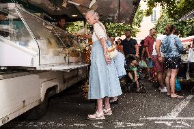 Queen Margrethe II of Denmark annual visit at Cahors market - South of France