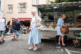 Queen Margrethe II of Denmark annual visit at Cahors market - South of France