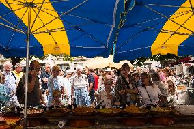 Queen Margrethe II of Denmark annual visit at Cahors market - South of France