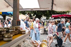 Queen Margrethe II of Denmark annual visit at Cahors market - South of France