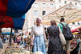 Queen Margrethe II of Denmark annual visit at Cahors market - South of France