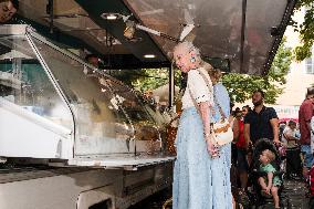 Queen Margrethe II of Denmark annual visit at Cahors market - South of France