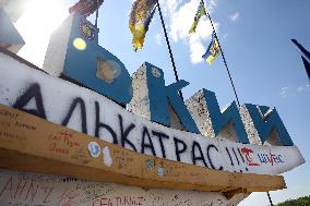 Stele at former Orikhiv district in Zaporizhzhia region