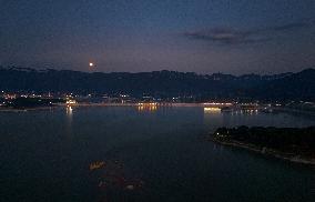 A Supermoon Appears over The Three Gorges Dam in Yichang