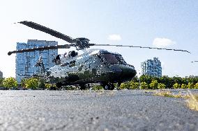 President Biden Landing In Downtown Chicago Visiting Democratic National Convention