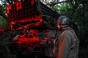 Ukrainian artillerymen fire multiple rocket launcher in Donetsk region