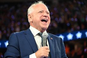 Democratic Vice Presidential Candidate Minnesota Gov. Tim Walz Speaks At The Fiserv Forum During A Harris-Walz Campaign Rally In