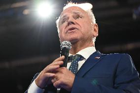 Democratic Vice Presidential Candidate Minnesota Gov. Tim Walz Speaks At The Fiserv Forum During A Harris-Walz Campaign Rally In