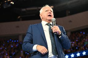 Democratic Vice Presidential Candidate Minnesota Gov. Tim Walz Speaks At The Fiserv Forum During A Harris-Walz Campaign Rally In