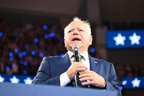 Democratic Vice Presidential Candidate Minnesota Gov. Tim Walz Speaks At The Fiserv Forum During A Harris-Walz Campaign Rally In