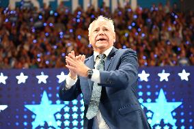 Democratic Vice Presidential Candidate Minnesota Gov. Tim Walz Speaks At The Fiserv Forum During A Harris-Walz Campaign Rally In