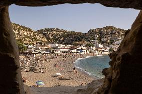 The Caves Of Matala In Crete Island