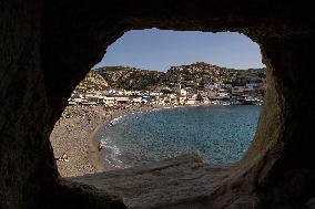 The Caves Of Matala In Crete Island