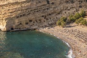 The Caves Of Matala In Crete Island