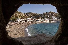 The Caves Of Matala In Crete Island