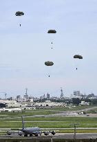 Parachuting drill at U.S. Air Force base in Okinawa