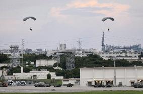 Parachuting drill at U.S. Air Force base in Okinawa