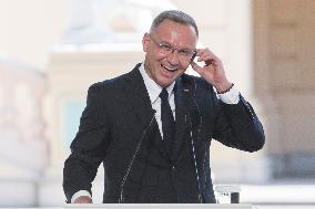 Ukraine's President Volodymyr Zelenskiy, Polish President Andrzej Duda And Lithuanian Prime Minister Ingrida Simonyte Attend A J