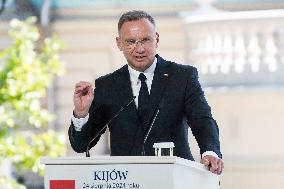 Ukraine's President Volodymyr Zelenskiy, Polish President Andrzej Duda And Lithuanian Prime Minister Ingrida Simonyte Attend A J