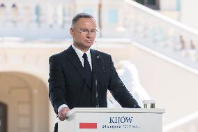 Ukraine's President Volodymyr Zelenskiy, Polish President Andrzej Duda And Lithuanian Prime Minister Ingrida Simonyte Attend A J