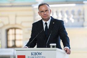 Ukraine's President Volodymyr Zelenskiy, Polish President Andrzej Duda And Lithuanian Prime Minister Ingrida Simonyte Attend A J