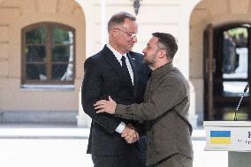 Ukraine's President Volodymyr Zelenskiy, Polish President Andrzej Duda And Lithuanian Prime Minister Ingrida Simonyte Attend A J